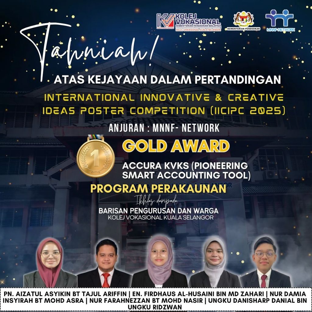 Kolej Vokasional
Pertandingan: International Innovative & Creative Ideas Poster Competition (IICIPC 2025) 
Peringkat : Antarabangsa
Anjuran : MNNF Network
Kaedah penyertaan : Atas Talian

Kategori A1
- Web Of Chaos - GOLD
- The Algebra Toolkit - SILVER

Kategori A2
- Hanyu Pinyin Learning Application - GOLD
- E-Photography (AIS) - GOLD
- Sissagummy - GOLD

Kategori B2
- ACCURA - GOLD
- MangoSwiss Cookies - BRONZE

Pencapaian :
🥇Gold Medal - 5
🥈Silver Medal - 1
🥉Bronze Medal - 1